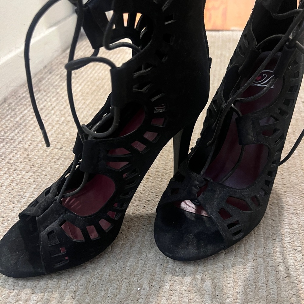 New Elegant Black Lace-Up Heels bootie style